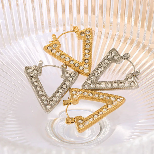 Minimalist Stainless Steel Triangular Zircon Huggie Earrings Geometric 18k Gold-Plated