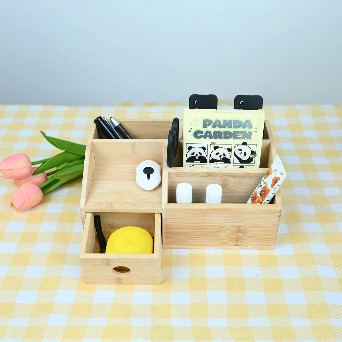 Multifunctional Bamboo Wood Desktop Organizer And Wooden Storage Box Tabletop
