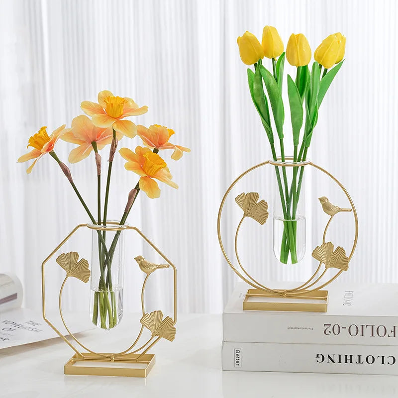 Modern Metal Plant Propagation Station Ginkgo Leaf Desktop Glass Hydroponic Planter Pots