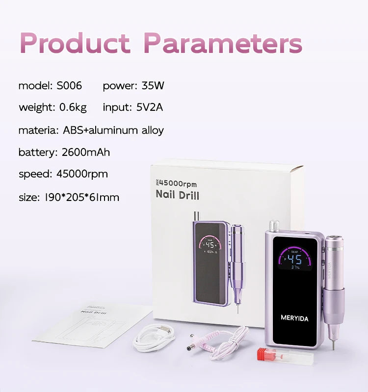 Portable USB Rechargeable Nail Drill | 45,000 RPM Brushed Motor | Professional Manicure