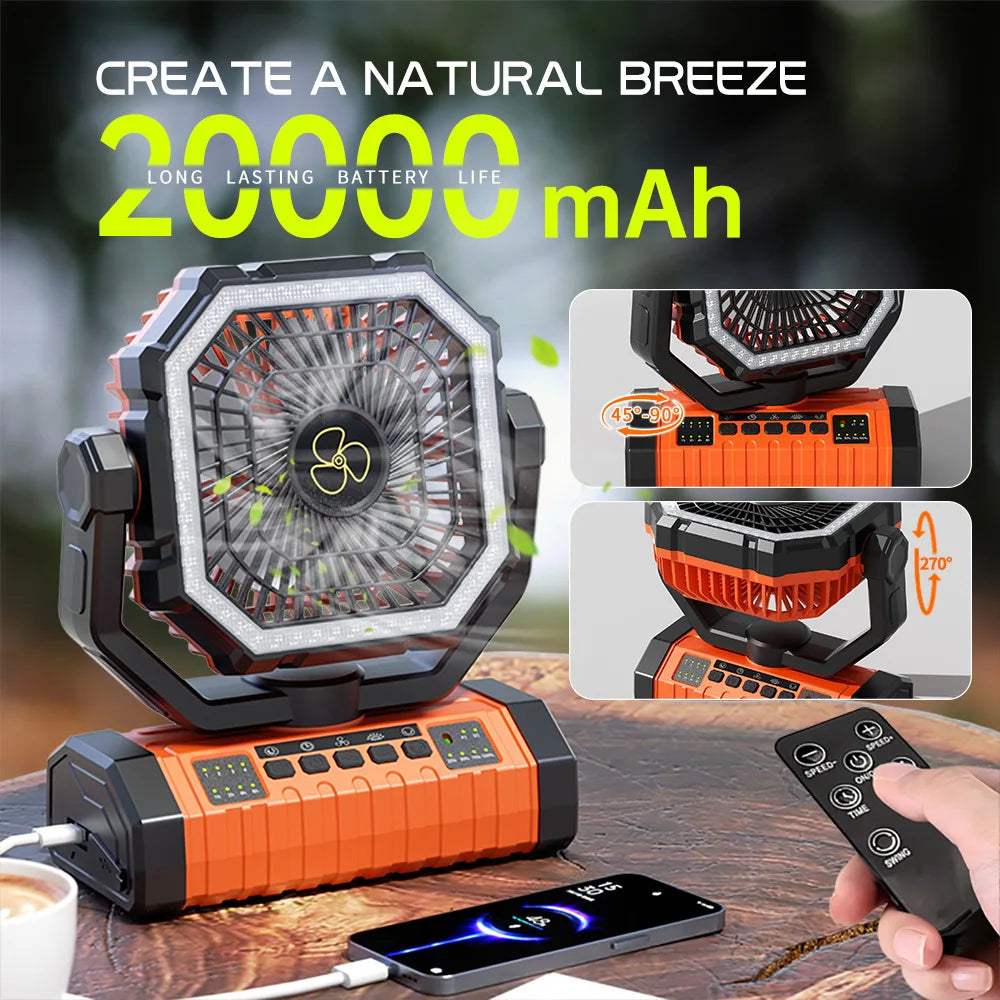 Outdoor Camping Fan Electric Long Battery Life Rechargeable Oscillating Silent 20000mAh