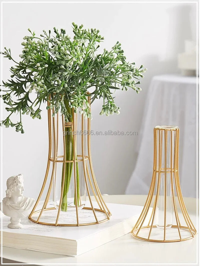Glass Metal Gold Hydroponic Flower Glass Vase Plant Propagation Station With Tray