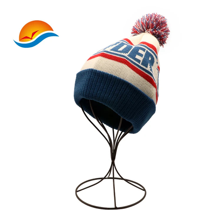 Custom Embroidered Jacquard Knitted Beanie Hat With Pom Pom Knitted Winter Hats