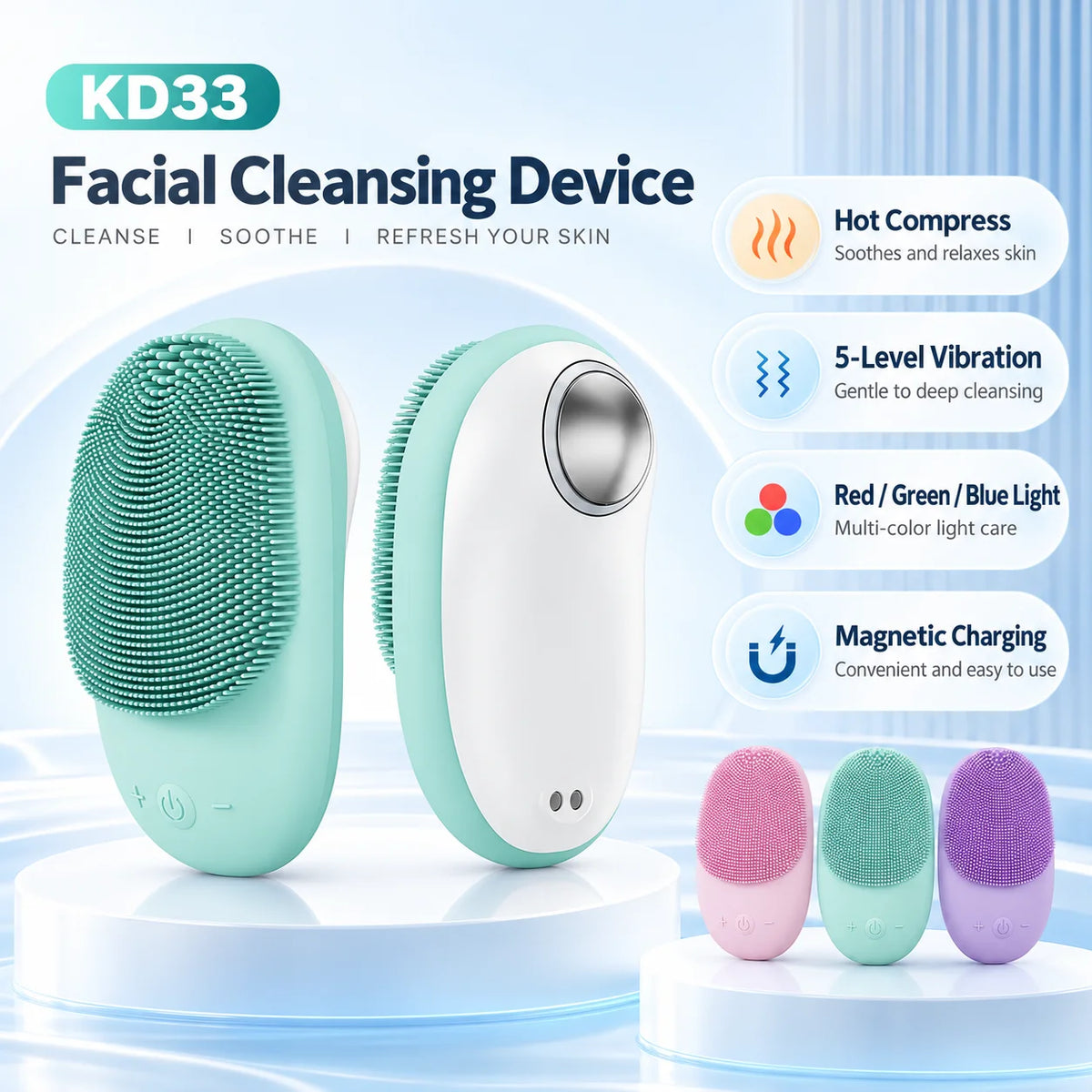 Electric Silicone Facial Cleanser 5 Speed Vibration Warm Care Rechargeable Facial