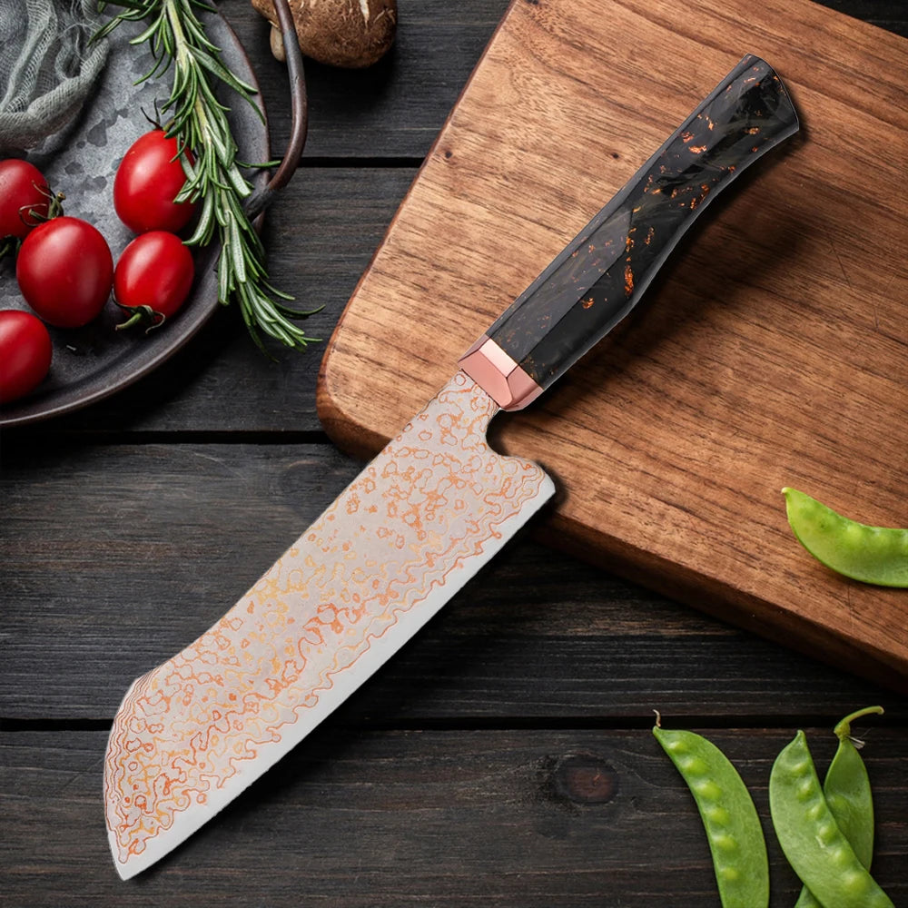 Japanese 77 Layers Rainbow Damascus VG10 10Cr15CoMoV Santoku Kitchen Knife Copper Bolster