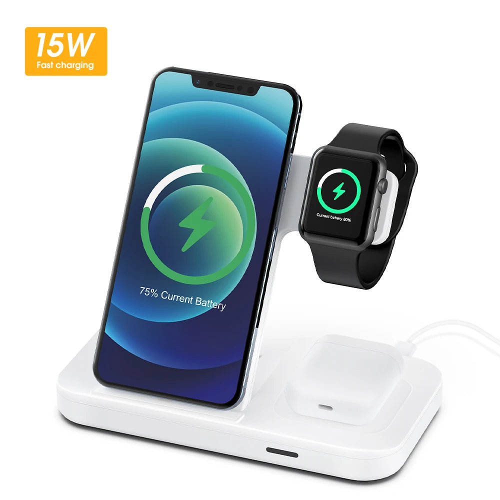 3 in 1 for Wireless Charger Dock Station with Type-C Port 15W Fast Charging Foldable
