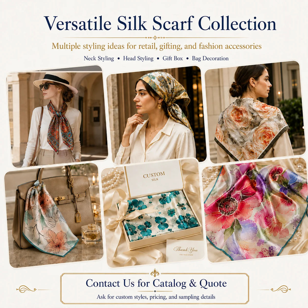 Floral Print Pure Mulberry Silk Square Scarf Women Soft Smooth Lightweight Contrast
