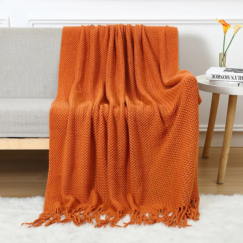 Chunky Knitted Blanket Sofa Throw Blanket With Tassels Weighted Blanket for Winter