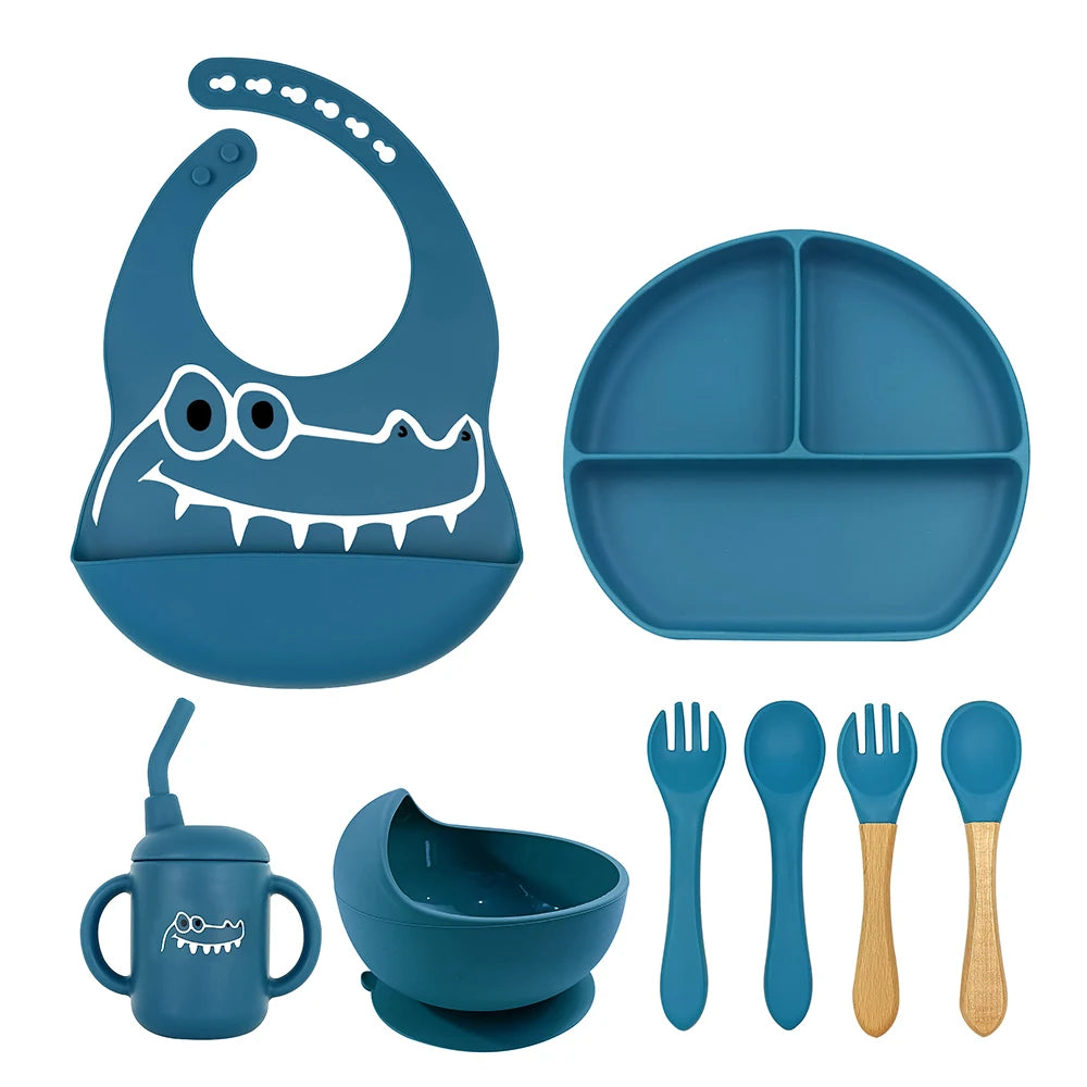 8pc Bebe Silicone Feeding Set Toddler Weaning Set Suction Bottom Infant Dining Tableware