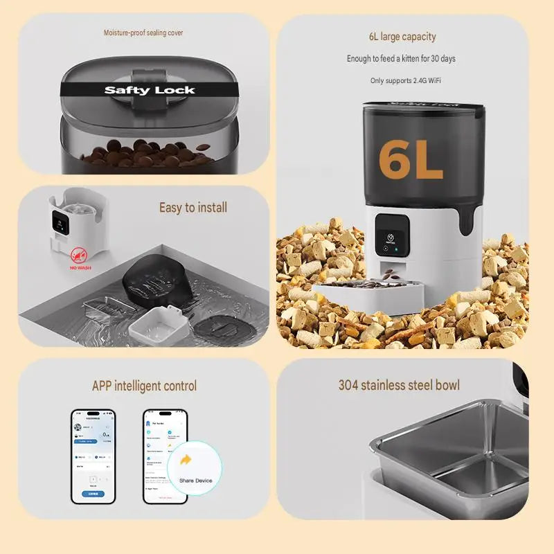 6L Automatic Cat Feeder with APP Control Auto Dry Food Dispenser with Detachable Food