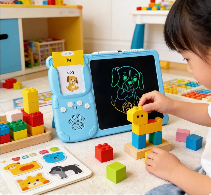 LCD Writing Tablet+Flash Card Talking 112 Cards Toddler Drawing Board Machine Early