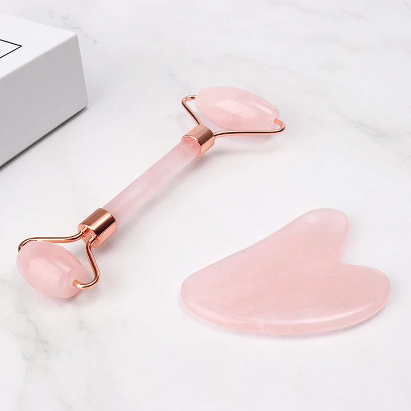 Natural Pink Crystal Rose Quartz Jade Roller Guasha for Face Brush and Jade Roller Guasha