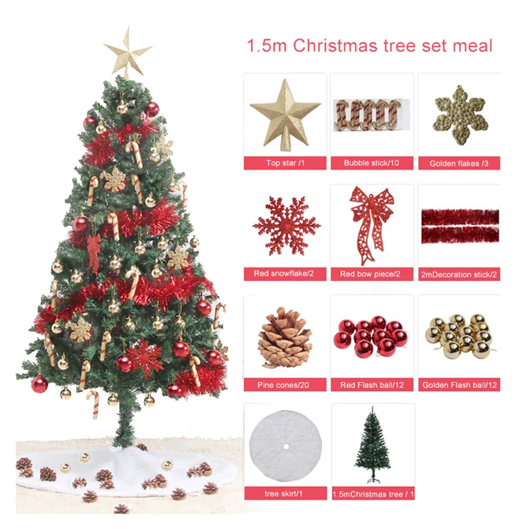 New Christmas Decorations Set PVC Tree with Top Star/Flake/Balls/Tinsel/Tree Skirt