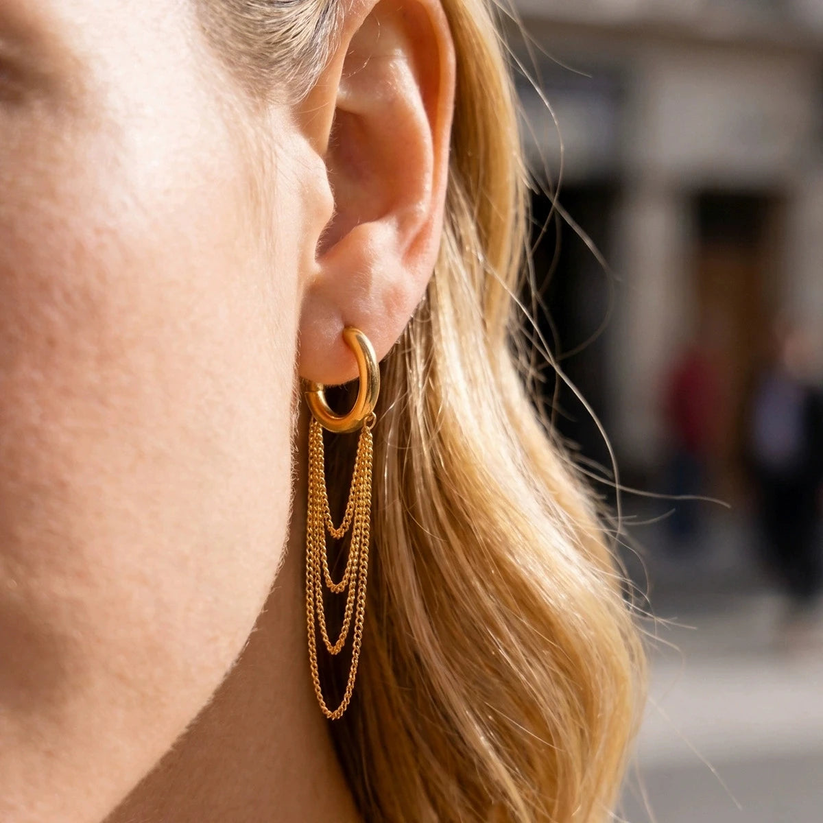 Minimalist 18k Gold Plated Stainless Steel Chain Tassel Huggie Hoops Stud Earrings
