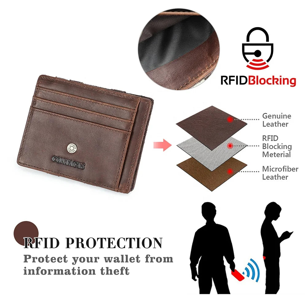 Contact'S Slim Magic Wallet Minimalist Full Grain Genuine Leather RFID Card Holder Wallet