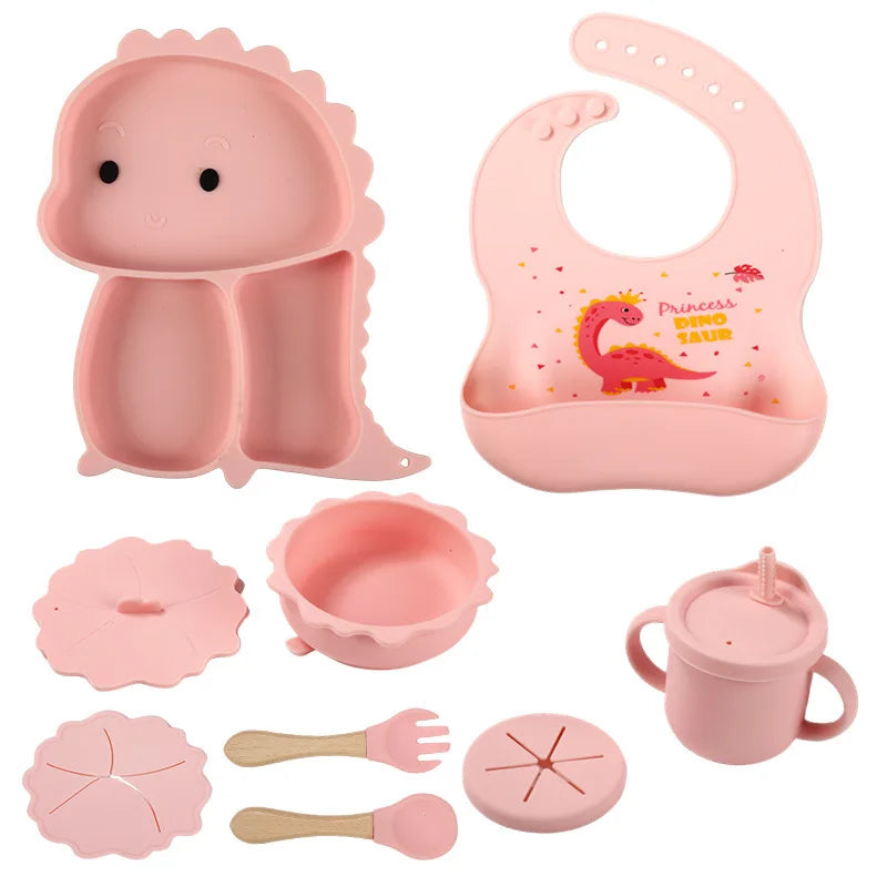 Baby Silicone Feeding Set Suction Plate Bowl Toddler Sippy Cup Cartoon Eco-Friendly Bpa