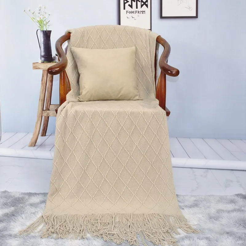 Chunky Knitted Blanket Sofa Throw Blanket With Tassels Weighted Blanket for Winter