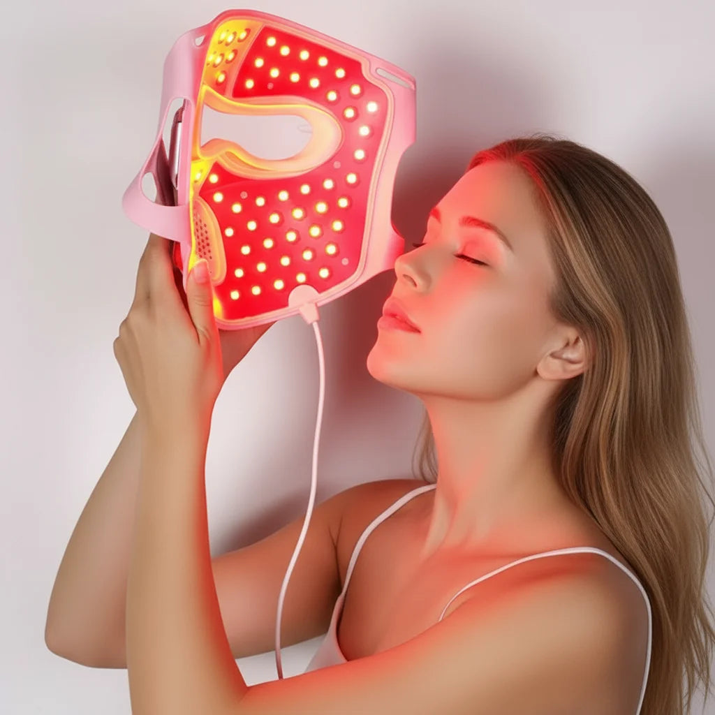 Pink Silicone LED Facial Mask with Red Light for At-Home Use