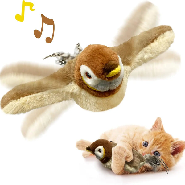 Flapping Wings Sparrow Chirping Bird Interactive Catnip Toy Touch Activated Rechargeable