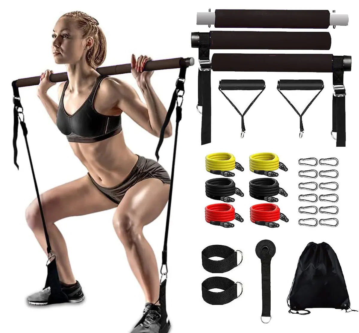 3 Section Yoga Bar Kit Resistance Band Bar Pilates Fitness Bar Stretching Strength