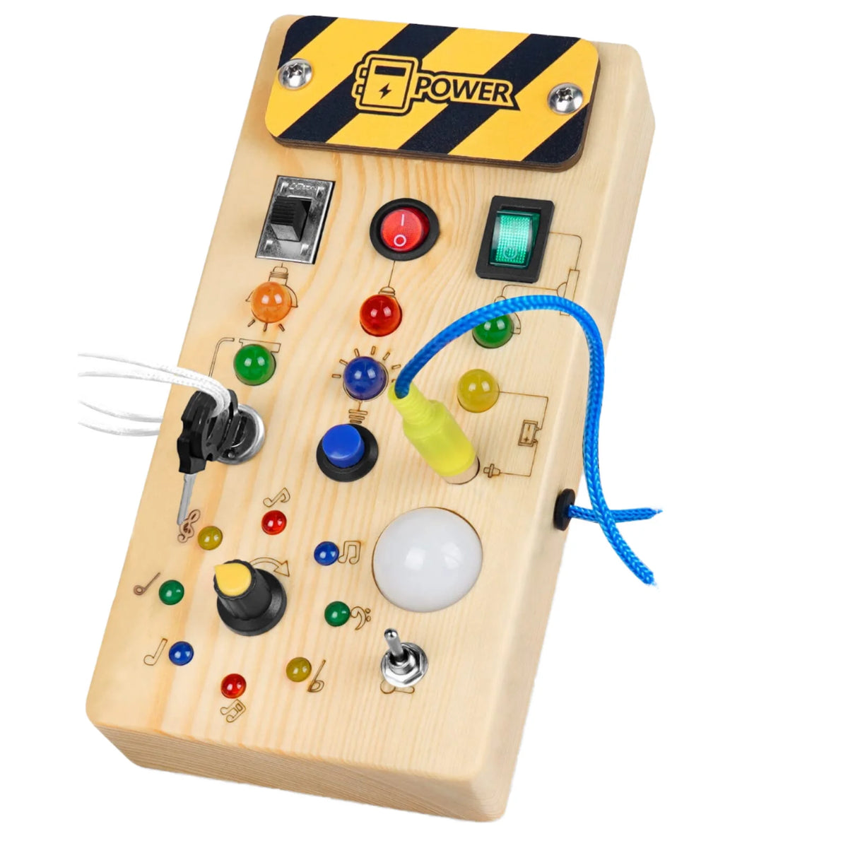 Montessori Sensory Toys for Toddler Safe Wood Power Busy Board Sets with 8 LED Light