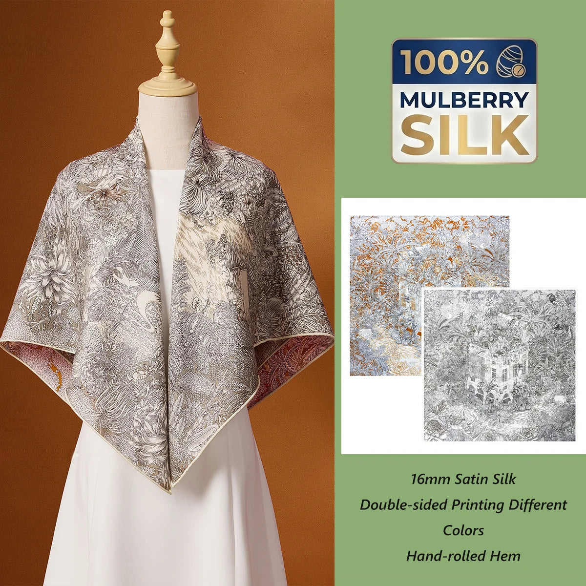 Custom Hand Rolled Edge 100% Mulberry Silk Satin Shawl Luxury Digital Printed