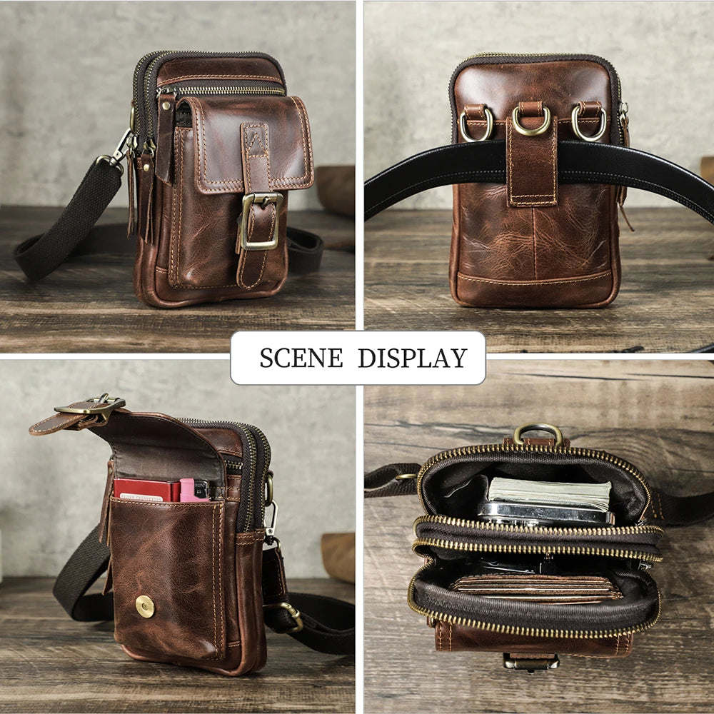 Vintage Genuine Leather Small Crossbody Phone Bag Men Convertible Waist Belt Bag