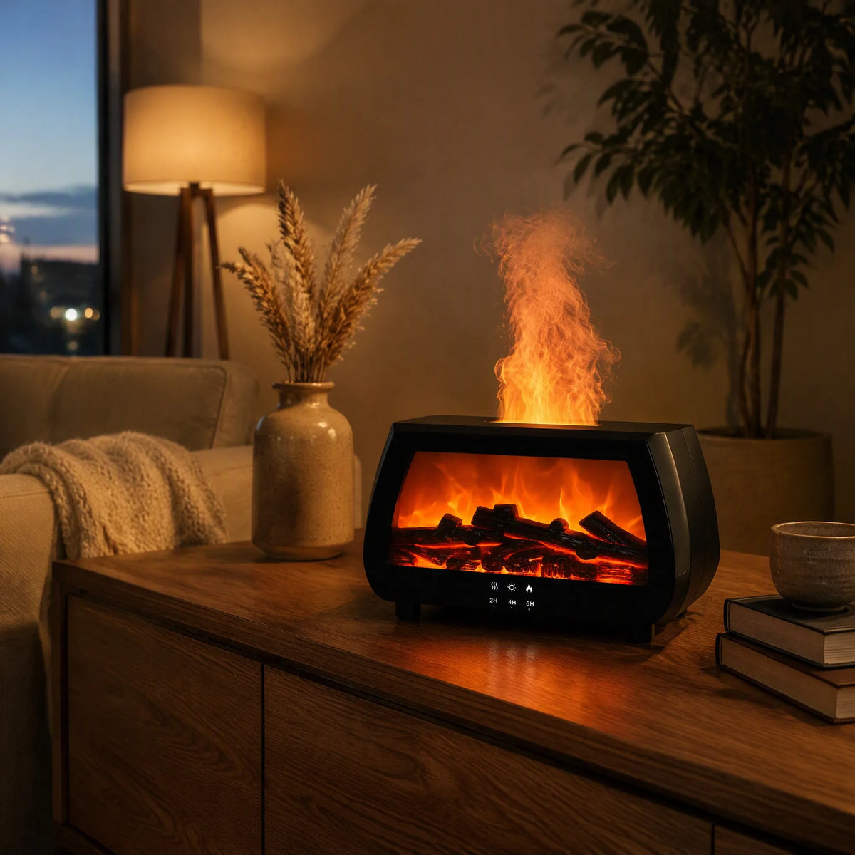 Simulated Fireplace Aroma Diffuser Ultrasonic 200ml Flame Light Air Humidifier Remote