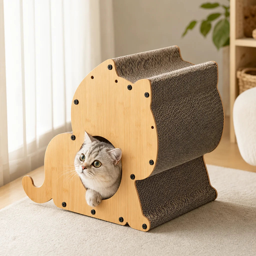 Durable Cat Shaped Corrugated Cardboard 2-Level 5kg Cat Scratcher Lounger Carton