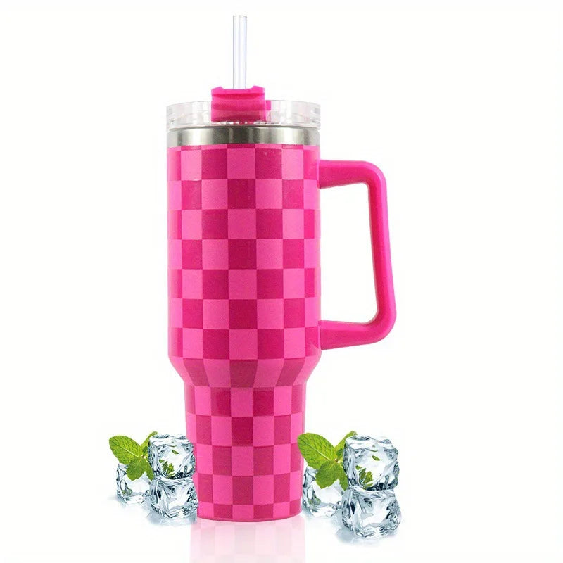 40 Oz Checkerboard Pattern Stainless Steel Tumbler Insulated Travel Coffee Mug Vacuum