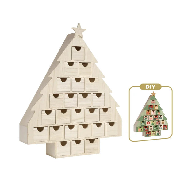 Painted Solid Wood Christmas Tree Shaped Countdown Calendar Storage Box Advent Drawers
