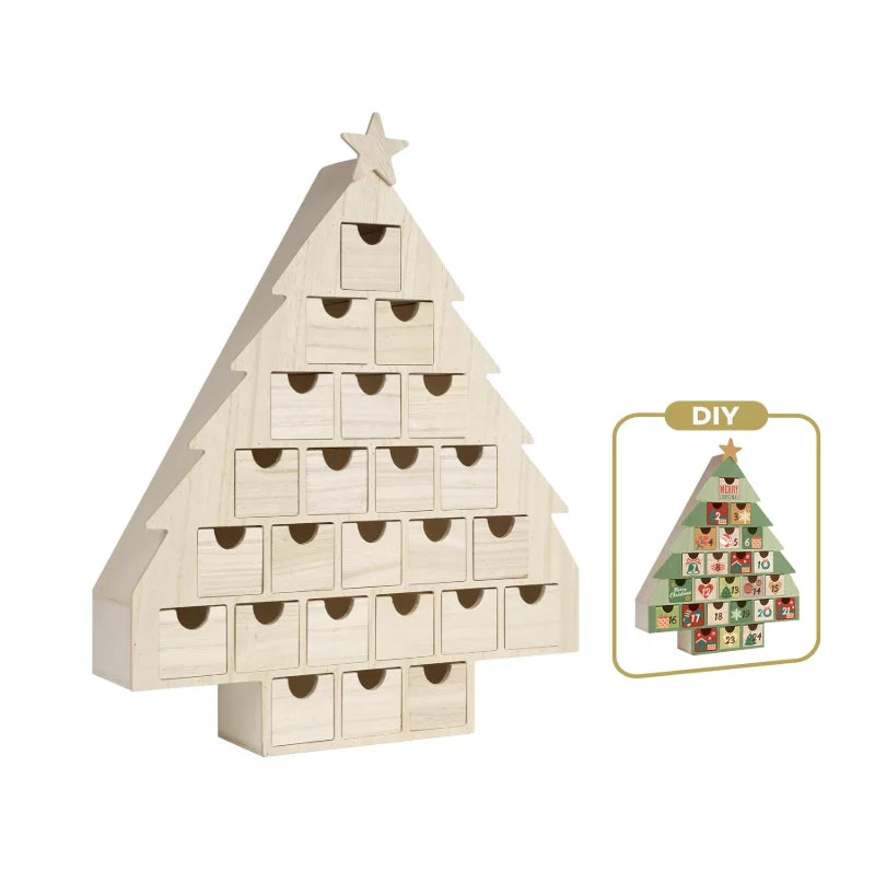Painted Solid Wood Christmas Tree Shaped Countdown Calendar Storage Box Advent Drawers