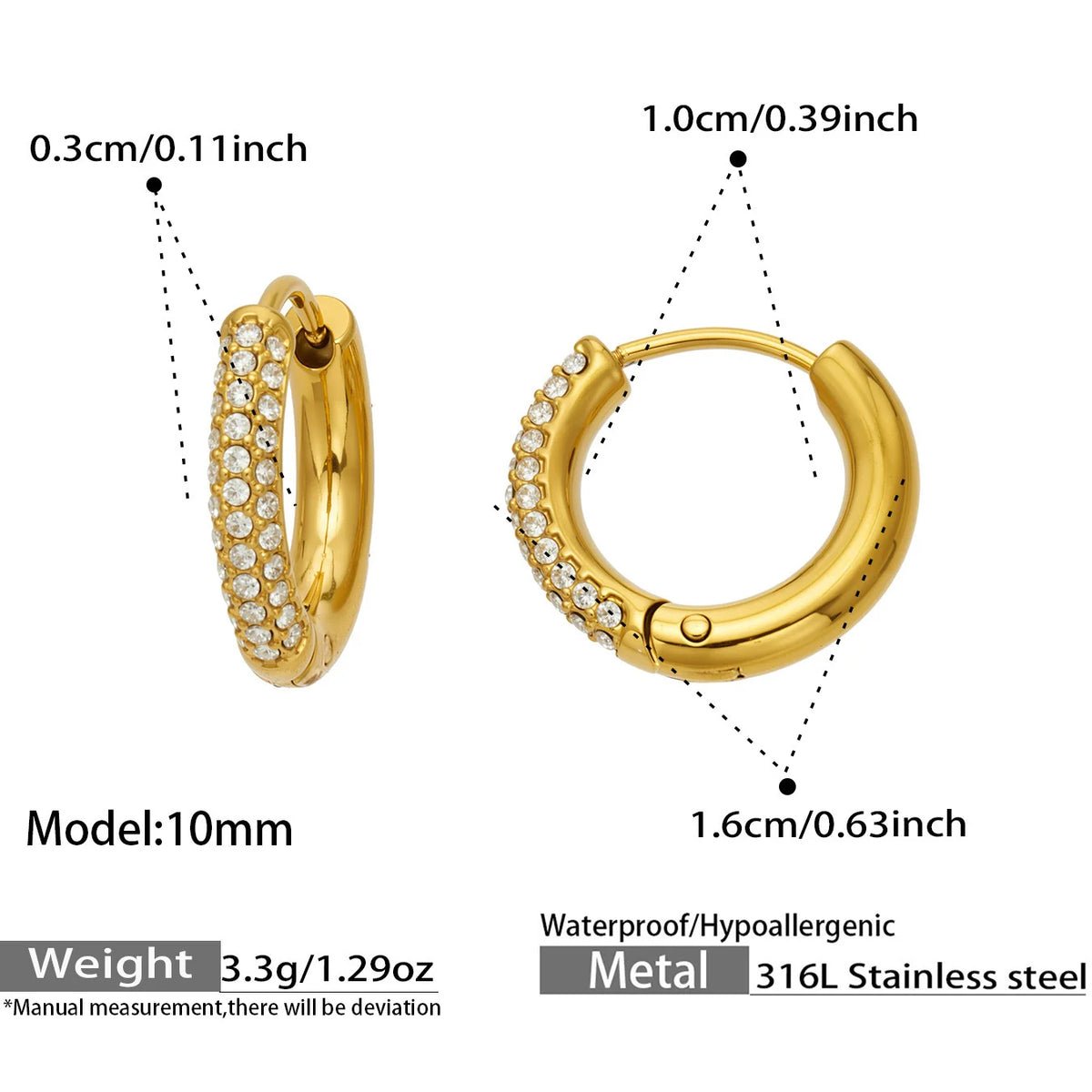 316L Stainless Steel Paved Cubic Zirconia Huggie Hoop Earrings 18k Pvd Gold Plated