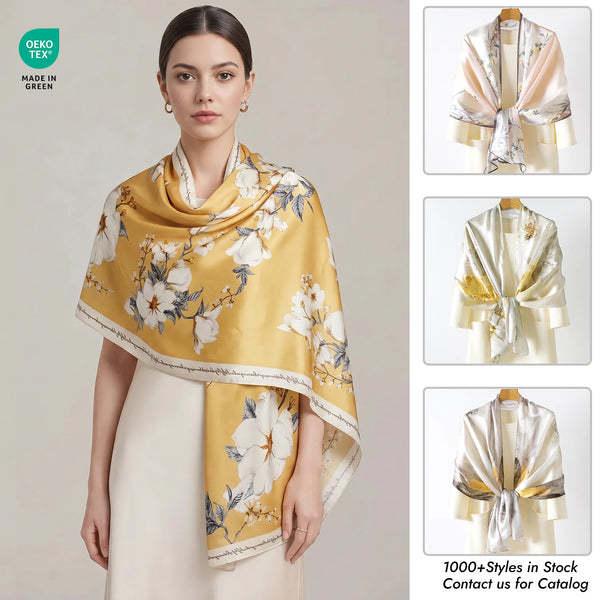 Luxury 100% Mulberry Silk Shawl for Women Custom Digital Print Vintage Floral Long Scarf