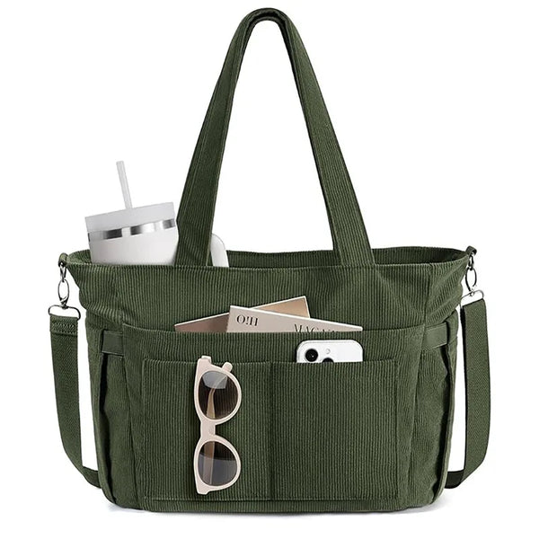 Custom Corduroy Tote Bag for Women 15.6 Inch Laptop Compartment Cup Holder Multi Pocket