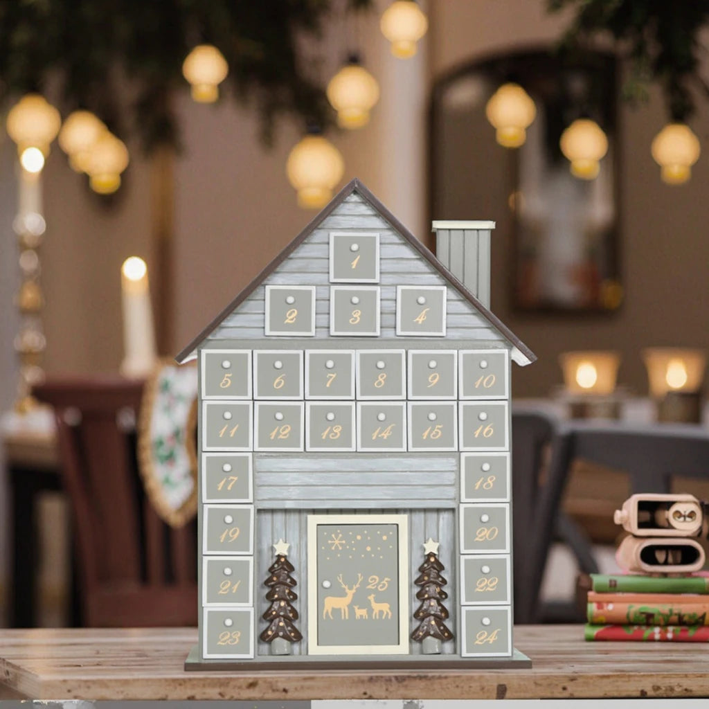 Wooden Countdown Christmas Advent Calendar Classical House Shape With Chimney 24 Days