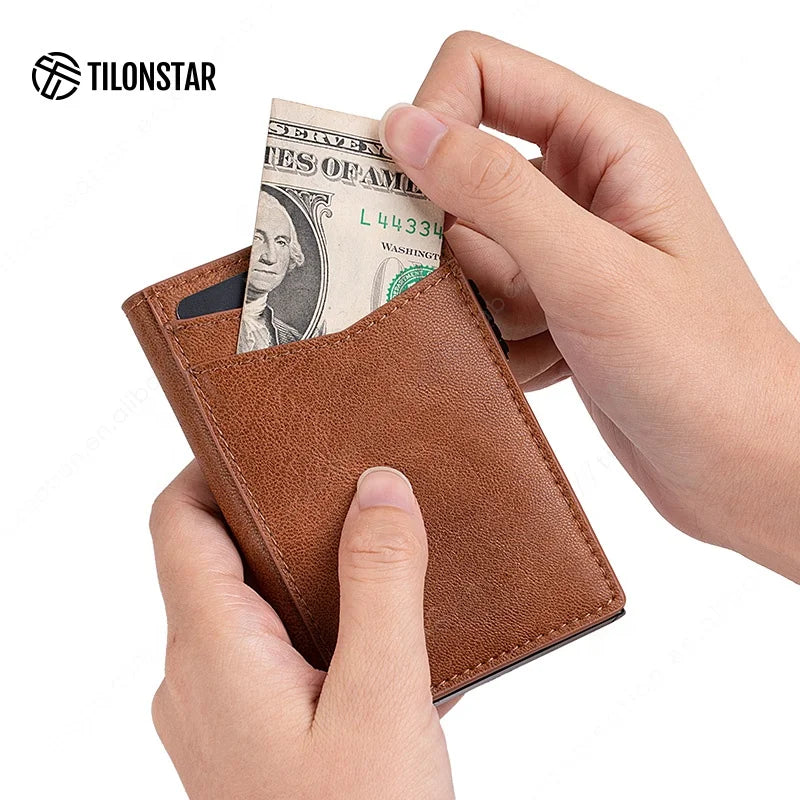 Hot Style Mini Card Sleeve Slim Minimalist Pop Up RFID Blocking Leather Business Credit