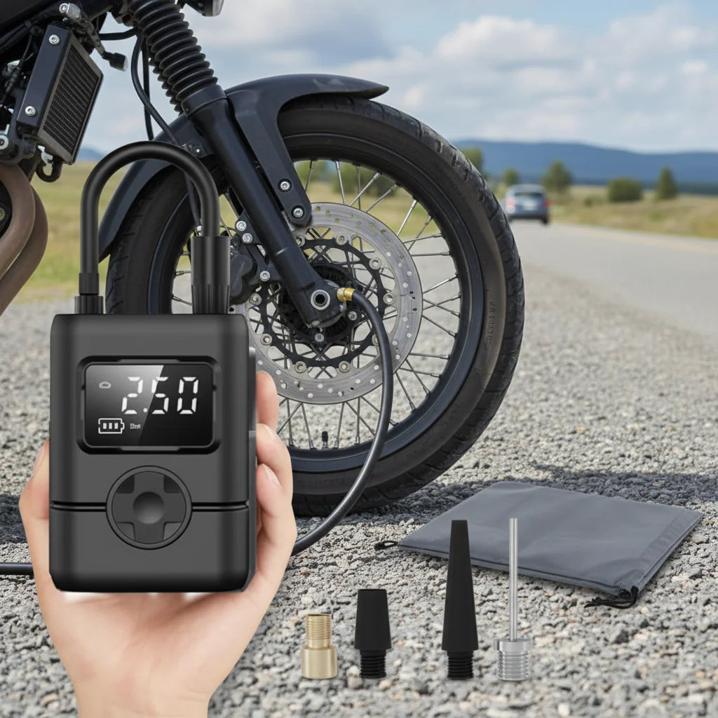 Portable Digital Tire Inflator 12V Single Cylinder Black Plastic Compact Car Motorcycle