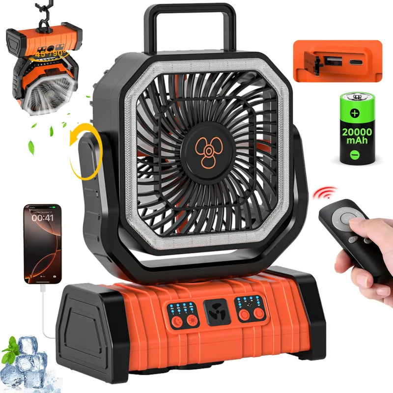 Outdoor Camping Fan Electric Long Battery Life Rechargeable Oscillating Silent 20000mAh