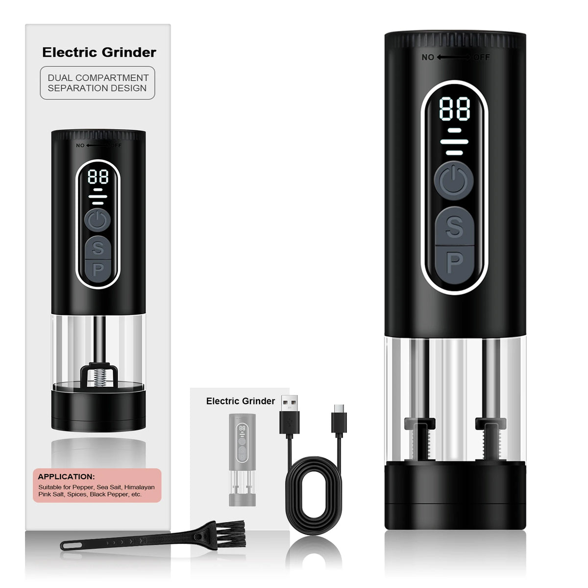 2 in 1 Rechargeable USB Electric Spices Grinder Automatic Salt and Pepper Grinder Ceramic