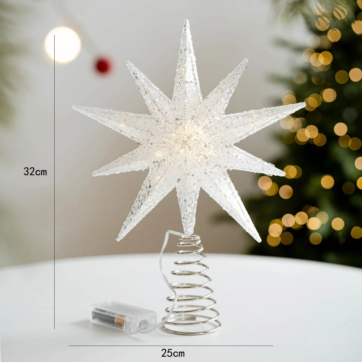 Glowing Christmas Tree Toppers LED Light Up Glitter Gold Silver 10-Point Star Treetop