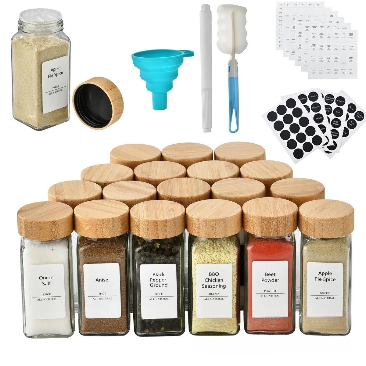 24 Pcs 4oz Drawer Glass Bamboo Lids Spice Jars with Labels Kitchen Organizer Seasoning