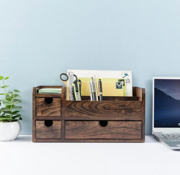 Eco Friendly Multi Purpose Wooden Office File Rack Stationery Pen Holder Drawers Table