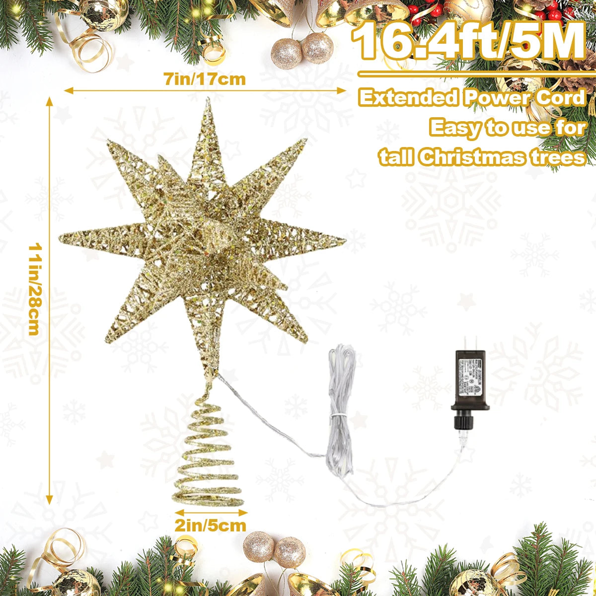 Silver LED Christmas Tree Topper Star Glitter Iron Tree Top Star Decoration