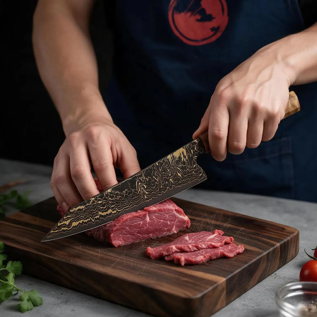 Handmade Japanese Kiritsuke Knife 8 Inch Copper Damascus Steel Kitchen Knife For Sushi