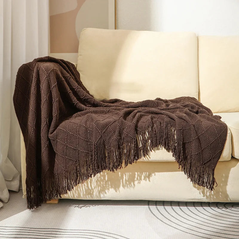 Chunky Knitted Blanket Sofa Throw Blanket With Tassels Weighted Blanket for Winter