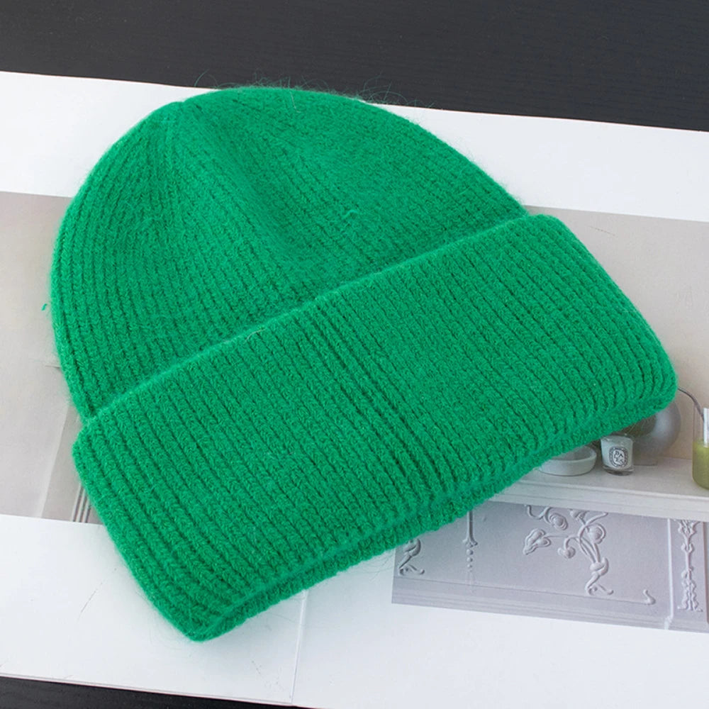 Knit Beanie Hat Real Angora Rabbit Fur Slouchy Skull Cap Winter Warm Stocking Hats