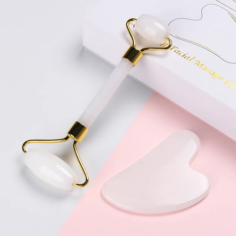 Natural Pink Crystal Rose Quartz Jade Roller Guasha for Face Brush and Jade Roller Guasha