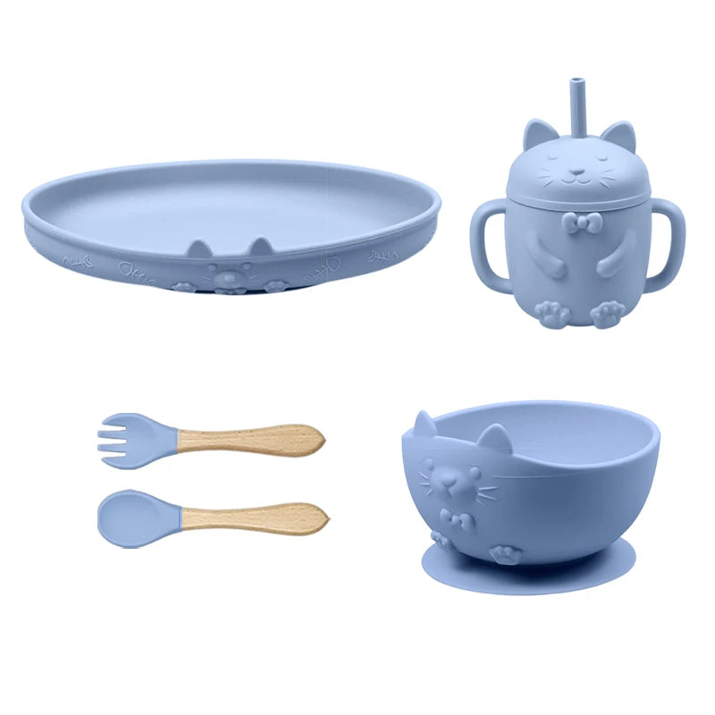 Food Grade Silicone Baby Feeding Set With Cup Bowl Plate Bib Spoon and Fork Easy Clean