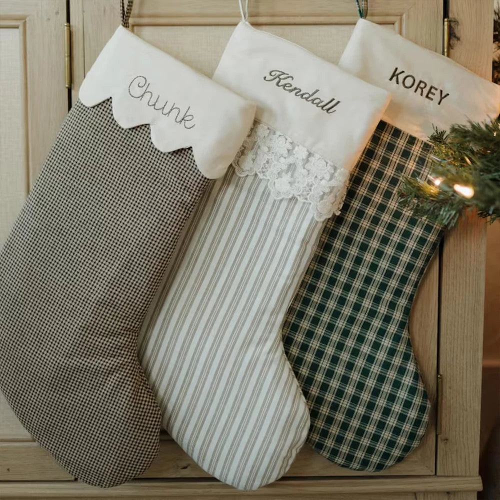Custom Gingham Cotton Christmas Stocking With Personalized Name Embroidery for Family